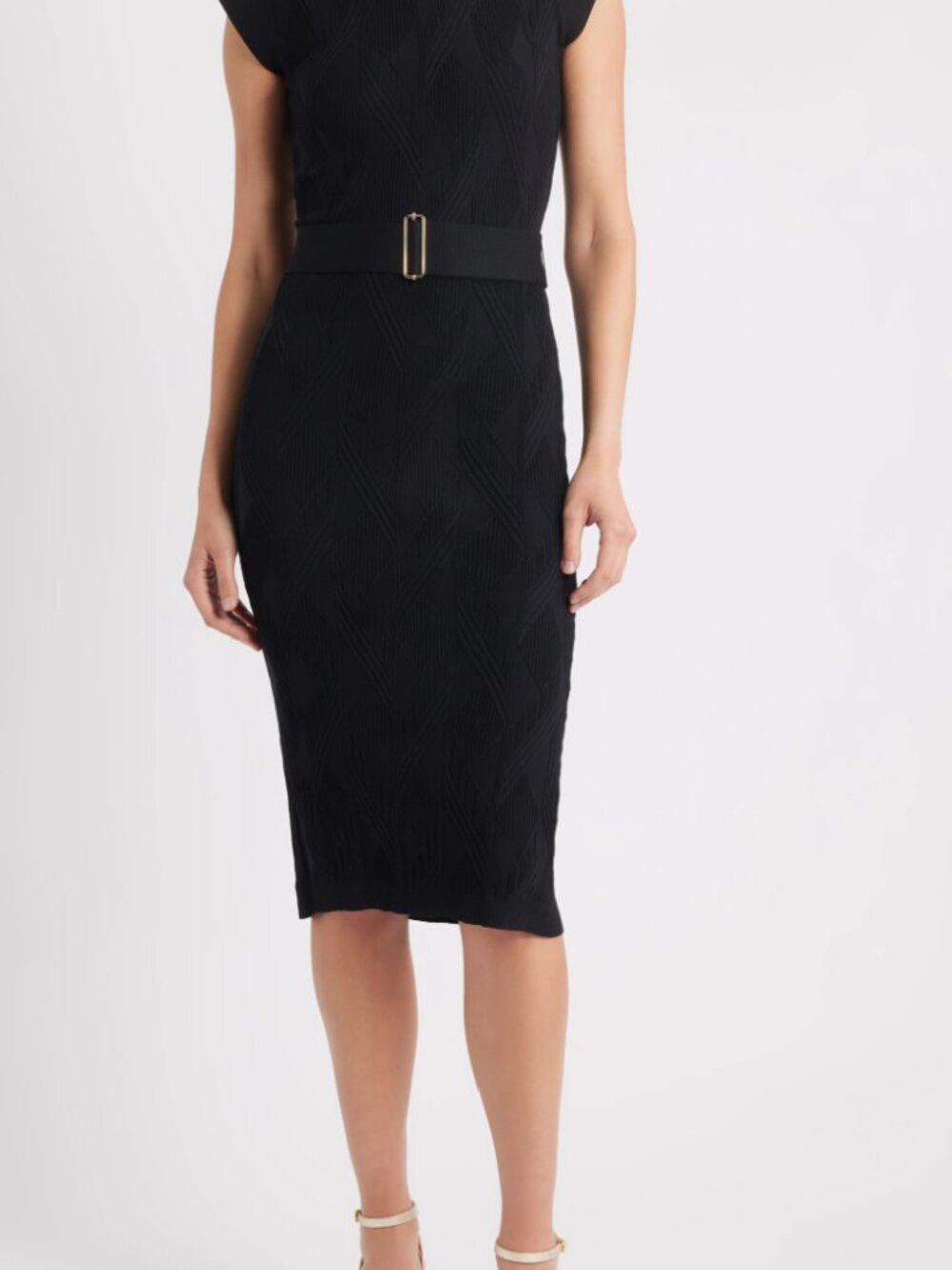 Vince Camuto Women's Black Textured-Knit Cap-Sleeve Midi Dress Sz L